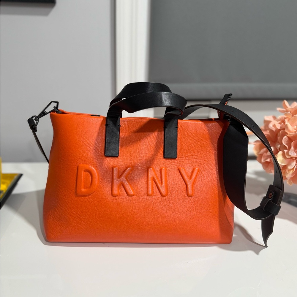 DKNY Orange and Black Satchel with Embossed Logo